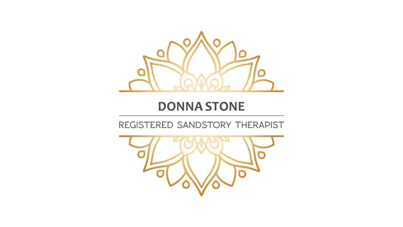 gold mandala with text Donna Stone Registered SandStory Therapist