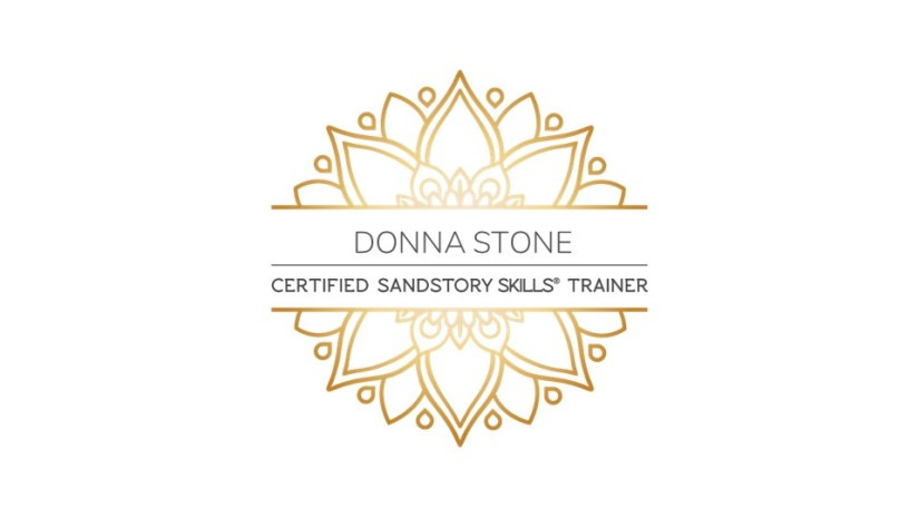 gold mandala with text Donna Stone Certified SandStory Skills Trainer