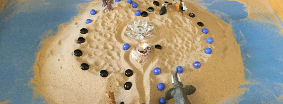 photo of circle of sand in a tray with symbols and glass beads